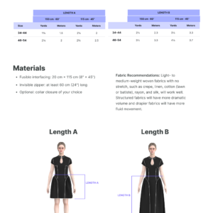 Fabric requirements chart for the Ayris mini and midi dress in EU 34–54.