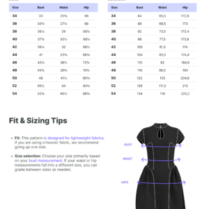 Finished garment measurements and fitting guide for the Ayris dress, EU 34–54.