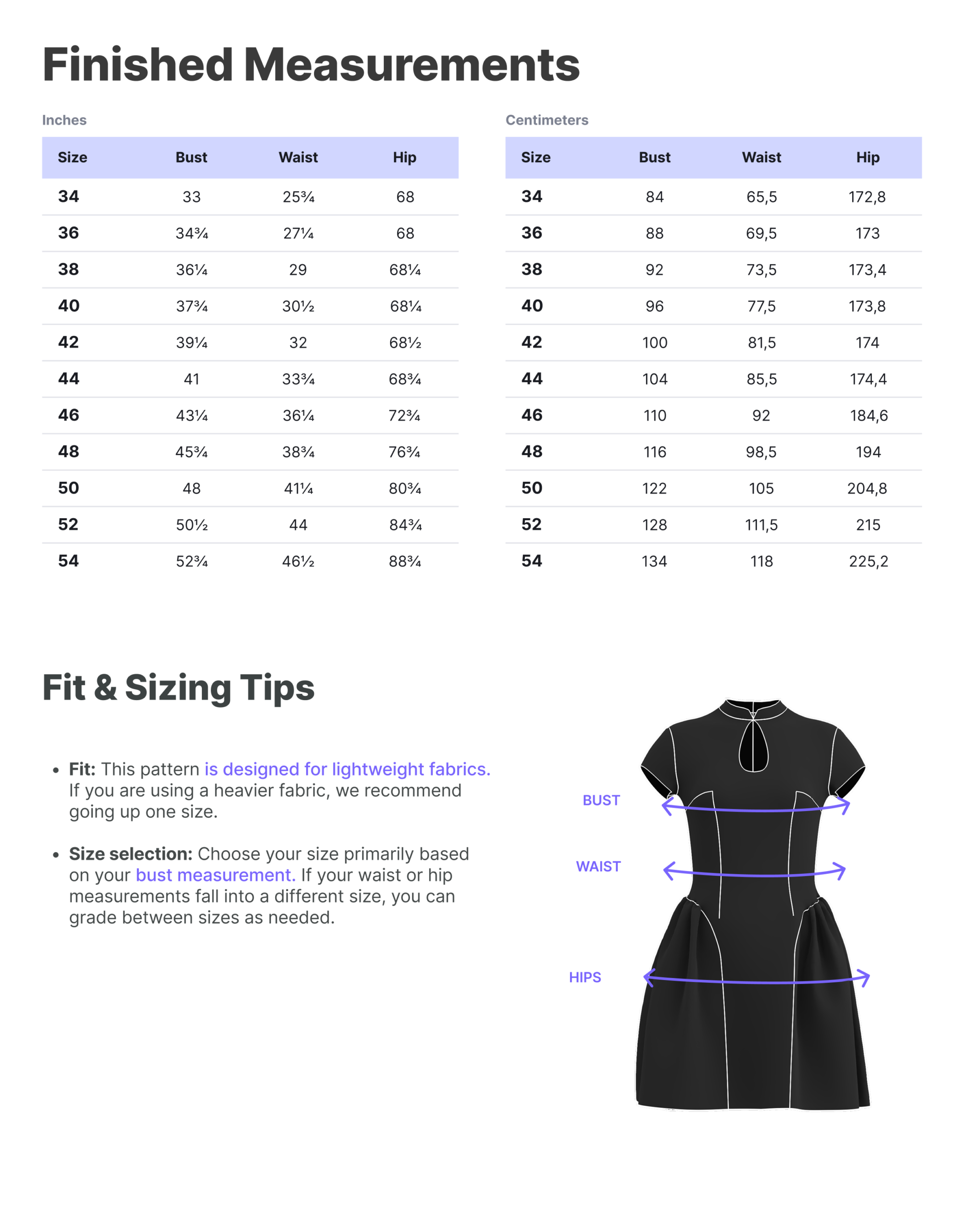 Finished garment measurements and fitting guide for the Ayris dress, sizes=
