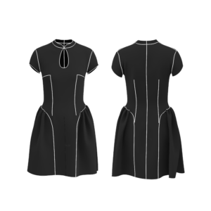 Front and back technical drawings of the Ayris dress with a Mandarin collar, keyhole neckline and gathered side panels.