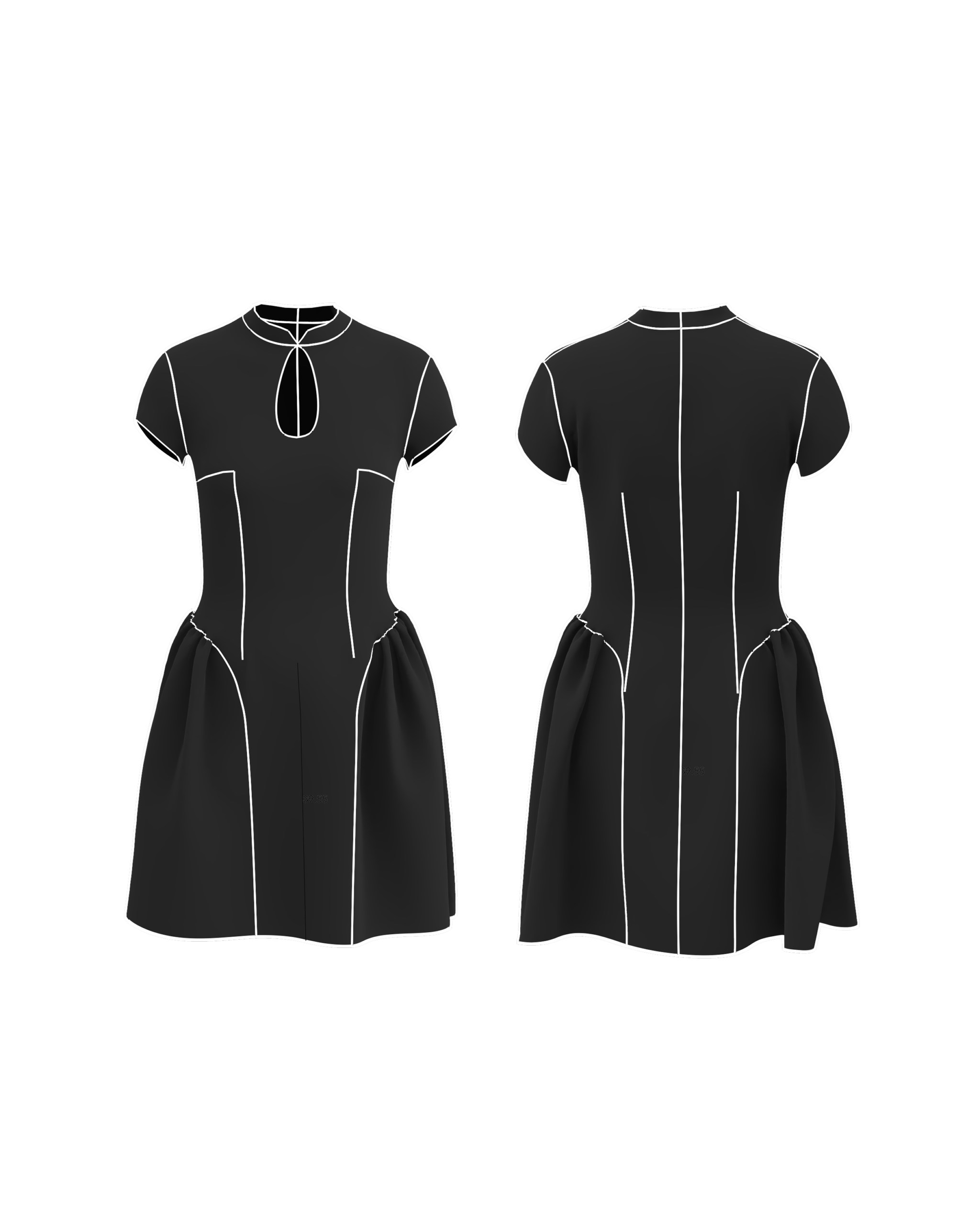 Front and back technical drawings of the Ayris dress with a Mandarin collar, keyhole neckline and gathered side panels.