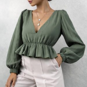 Peplum V Neck Blouse Sewing Pattern with Long Sleeves – Nelly