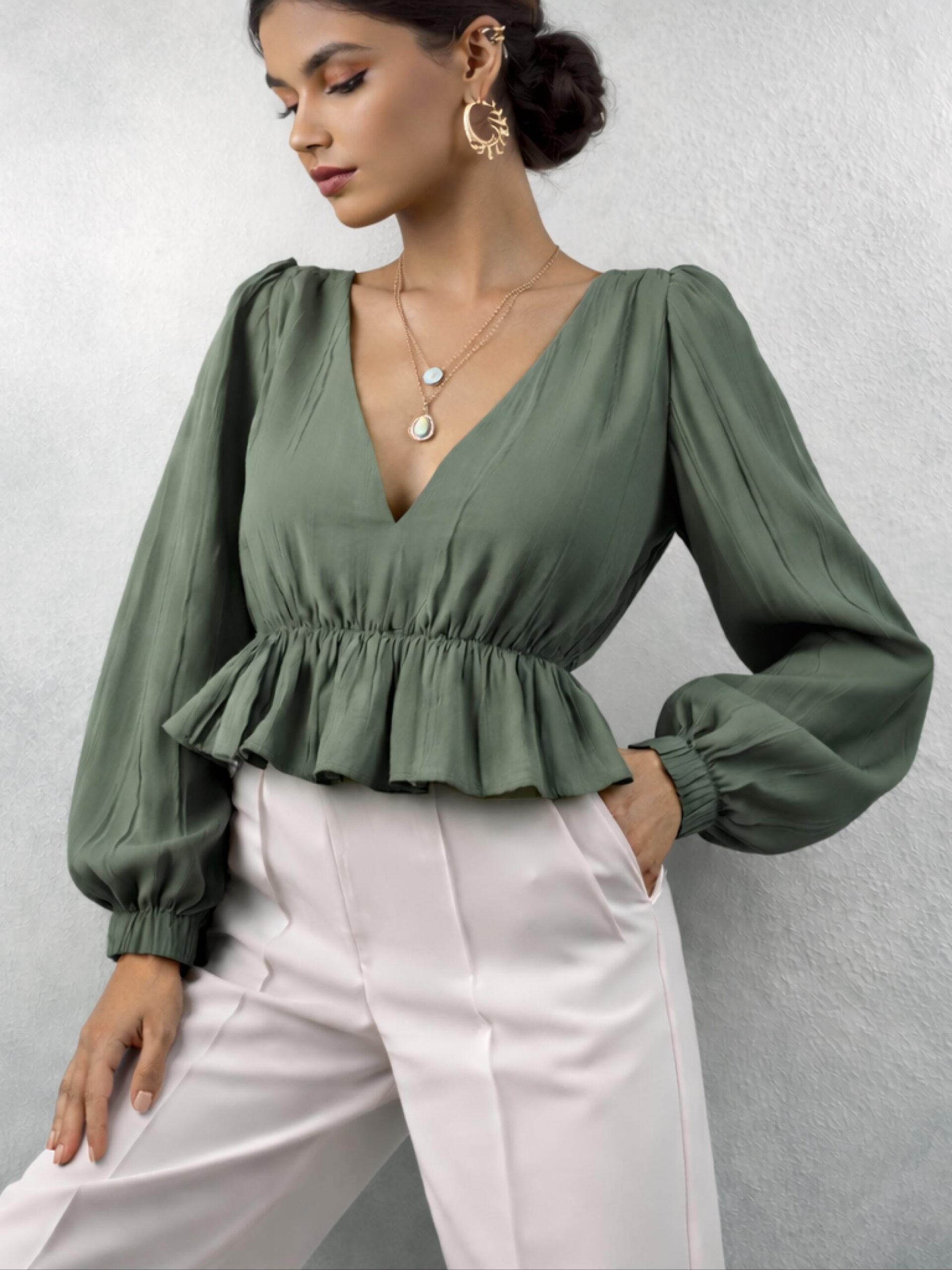 Peplum V Neck Blouse Sewing Pattern with Long Sleeves – Nelly
